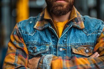 Fototapeta premium Detailed shot capturing the texture and rugged style of a denim jacket worn by an unrecognizable man