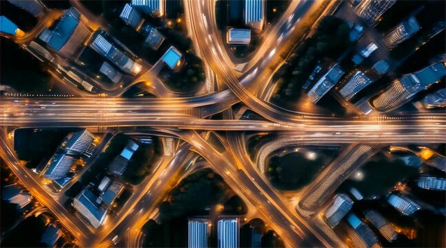 An overhead view of a bustling city intersection at night, showcasing the vibrant flow of traffic and city lights.
