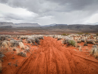 Red sandy OHV trail in St. George Utah with whoops in beautiful desert