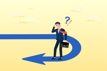Frustrated businessman investor looking at his reverse direction pathway, business turning point, break event or change direction, reverse back, interest rate or financial trend change (Vector)