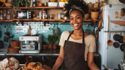 A smiling woman stands in a kitchen with apron on and a tray of bread in front of her - obrazy, fototapety, plakaty