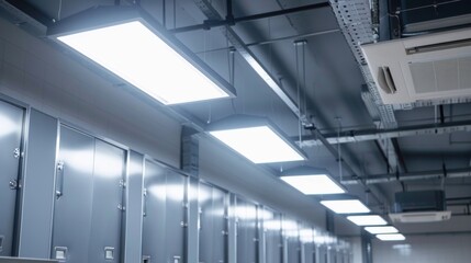 The bright overhead lights and large fans that provide ventilation and lighting in the locker room.