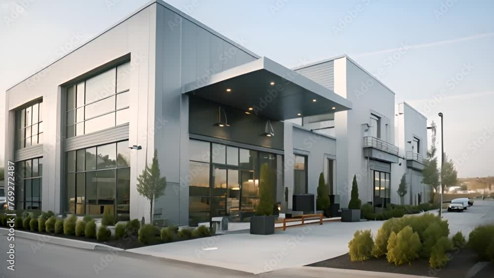 Poster modern building with numerous windows and bench generative ai