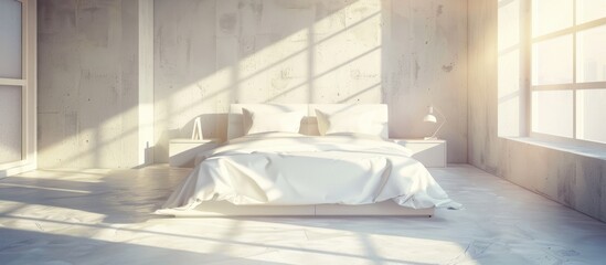 Modern bright bedroom interior with sunlight and shadows