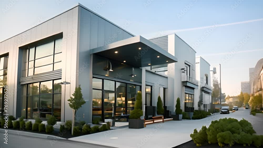 Aufkleber modern building facade with numerous windows and bench generative ai