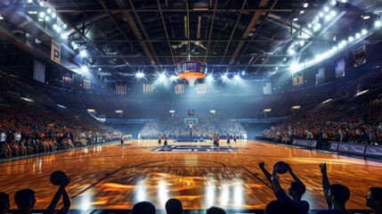 A basketball court with a crowd of people watching a game. The court is empty and the basketball hoop is suspended in the air