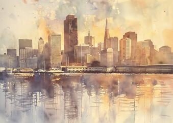 San Francisco skyline illustration silhouette painted in watercolour. Expressive vibrant traditional natural watercolour washes and stark buildings in the sunlight,