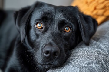 A close-up image showcasing a dog comfortably nestled on a textured grey sofa, inviting a feel of warmth and relaxation