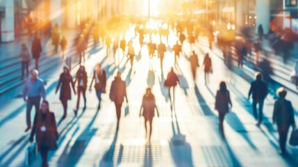 A busy scene of commuters walking down a street in a sunlit atrium.