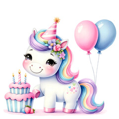 Whimsical Rainbow Unicorn Clipart Collection, A colorful collection of illustrated rainbow unicorns in various poses with party accessories, perfect for birthday themes and children's decor, 
