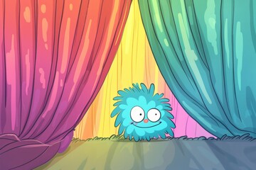 Cartoon cute doodles of a turquoise monster with fluffy feathers and a mischievous grin, hiding behind a rainbow-colored curtain, Generative AI - obrazy, fototapety, plakaty
