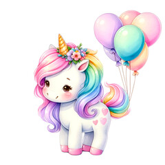 Fototapeta premium Whimsical Rainbow Unicorn Clipart Collection, A colorful collection of illustrated rainbow unicorns in various poses with party accessories, perfect for birthday themes and children's decor, 