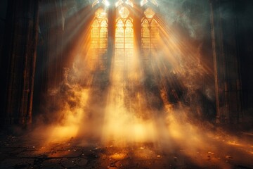 Fototapeta premium An atmospheric shot capturing light rays piercing through stained glass windows in an ancient gothic cathedral, creating a mystical aura