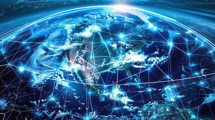Fototapeta na wymiar Digital world globe centered on USA, concept of global network and connectivity on Earth, data transfer and cyber technology, information exchange and international telecommunication. Business map