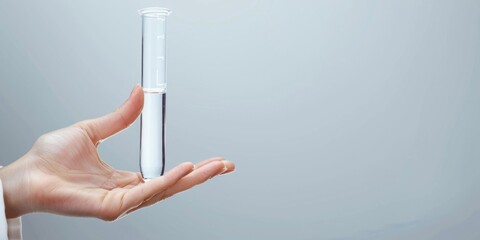 A close-up of a hand holding a test tube filled with water.
