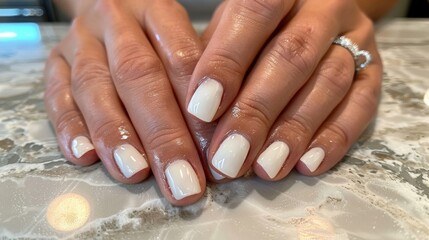 Close-up of a woman hands with a classic white manicure, highlighting the clean and sophisticated look.