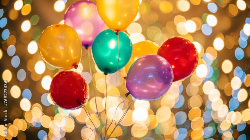 Poster a bunch of colorful balloons floating in the air with a sparkling background.