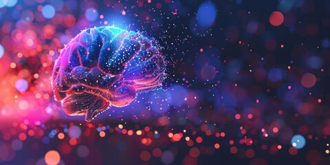 Computer-generated image showing a vibrant and intricate representation of a human brain with abstract colorful lights.