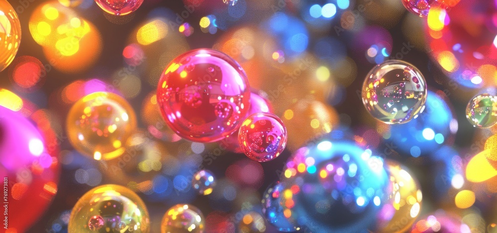 Poster numerous vibrant soap bubbles floating gracefully in the air, creating a whimsical and ephemeral sce
