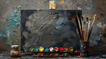 Art supplies like brushes, paints and palette arranged on a table