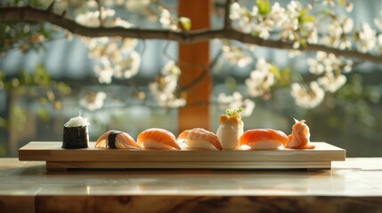 Obraz na płótnie Canvas Sushi selection on minimalist wooden table soft lighting