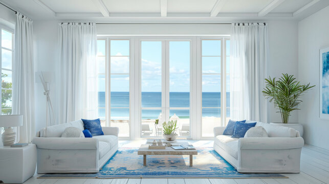 A large living room with a white couch and two chairs, a coffee table, and a potted plant. The room has a beach theme, with a large window overlooking the ocean. The curtains are white