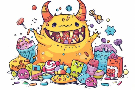 Cartoon cute doodles of a yellow monster with horns and scales, happily munching on a pile of colorful candy and sweets, Generative AI