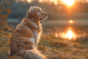 A golden retriever sits at the edge of a lake, staring into the sunset in a picturesque autumn scene