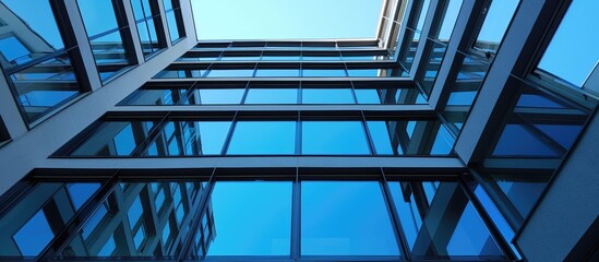 Spacious windows showcase the clear blue sky and its reflection.