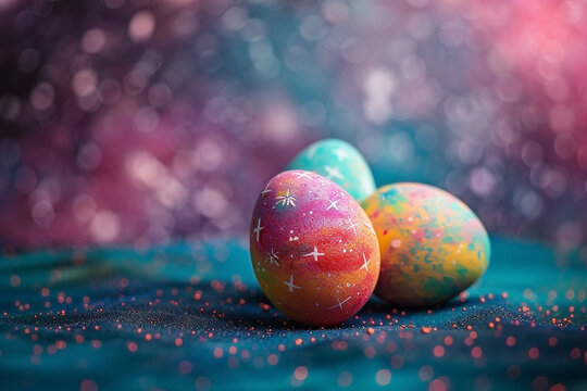 Closeup image of colourful painted Easter eggs - Generative AI