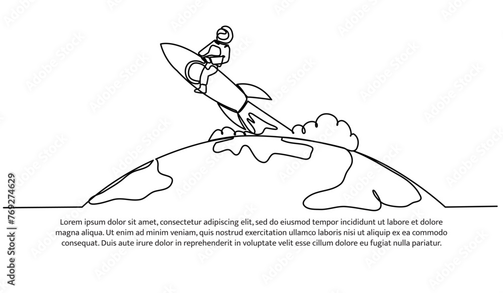 Poster one continuous line of spaceman doing research.vector illustration of minimalist style on a white ba