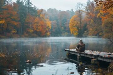 A man contemplates nature while sitting on a wooden pier by a misty, autumn-coloured lake,...