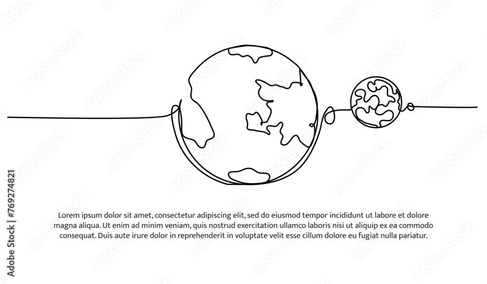 Aufkleber one continuous line of planet of earth and moon.vector illustration of minimalist style on a white b