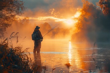 A solitary fisherman stands in a serene river, casting his line as the golden sunrise illuminates the misty landscape, showcasing nature's peaceful moments