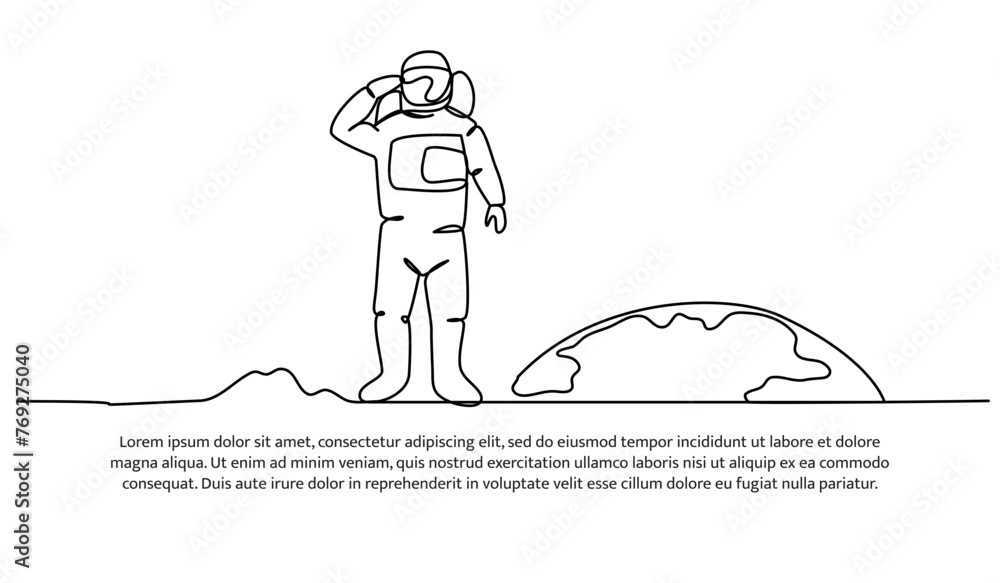 Poster one continuous line of exploration in outer space. vector illustration of minimalist style on a whit