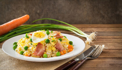 Bacon & Veggie Breakfast Fried Rice on White Plate