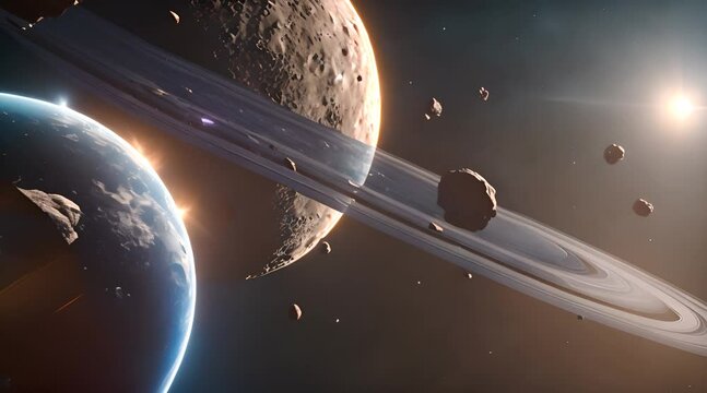 3D animation of asteroids flying through solar system with planet and blue light in the background