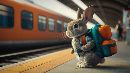 A rabbit on a journey, waiting for a train on the platform. 3D Render. Generative ai. 