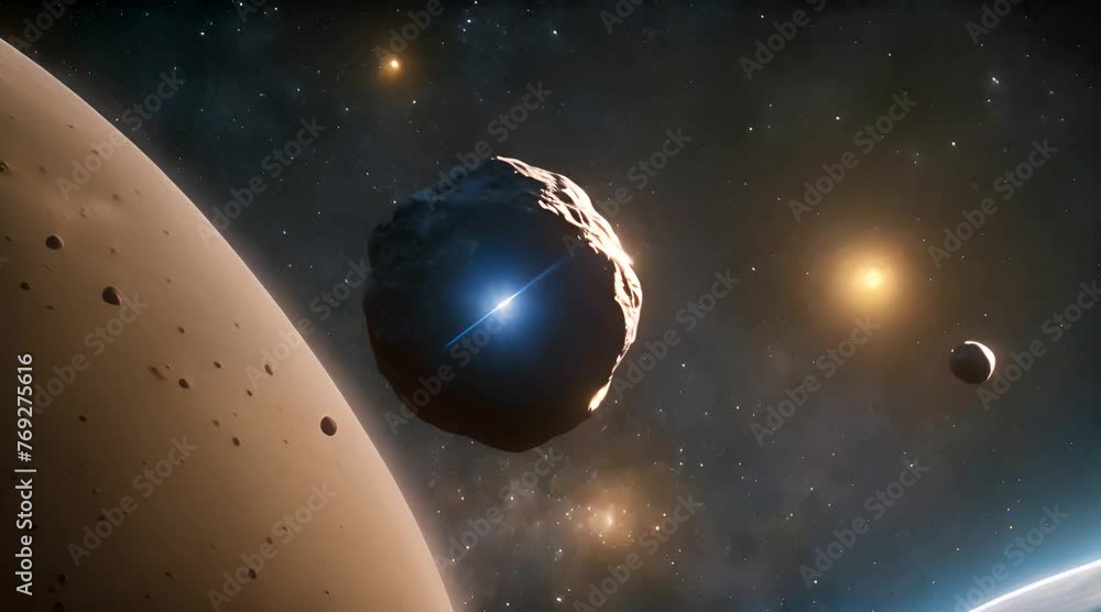 Poster 3d animation of asteroids flying through solar system with planet and blue light in the background