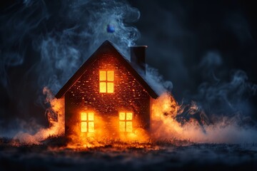 An artistic depiction shows a small house engulfed in flames and smoke against a dark, moody background, evoking danger and disaster