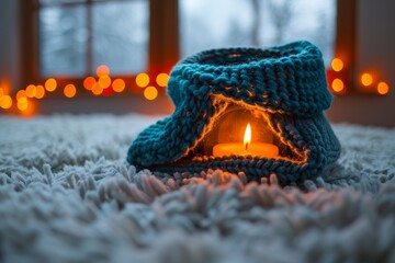 A cozy scene with a teal knit candle holder casting a soft glow amidst a warm, festive bokeh background