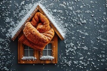 A charming miniature wooden house with windows and a knitted blanket roof adorned with fresh snowflakes