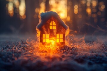 The magical glow of sunrise through the frost-covered windows of a small, dreamy house in a mystical frozen forest setting