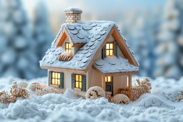 A charming model house with snow-covered roof and warm interior lighting amidst a winter wonderland backdrop