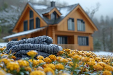 A neat stack of cozy knits in cool hues set against a welcoming country house surrounded by autumn flowers