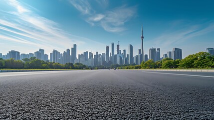 empty  asphalt  road  with  city  skyline