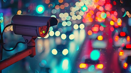 A  security  camera  overlooking  a  brightly  lit  street - obrazy, fototapety, plakaty