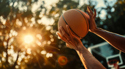 A man is holding a basketball in his hand. The sun is shining on the ball, making it look shiny and bright