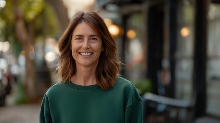 Fototapeta premium City Chic Middle-Aged Woman in Blank Green Knitted Sweatshirt, Urban Mock-Up for Stylish Designs
