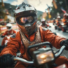 A motorcyclist in an orange suit poses on his bike at a biking event, representing speed and lifestyle